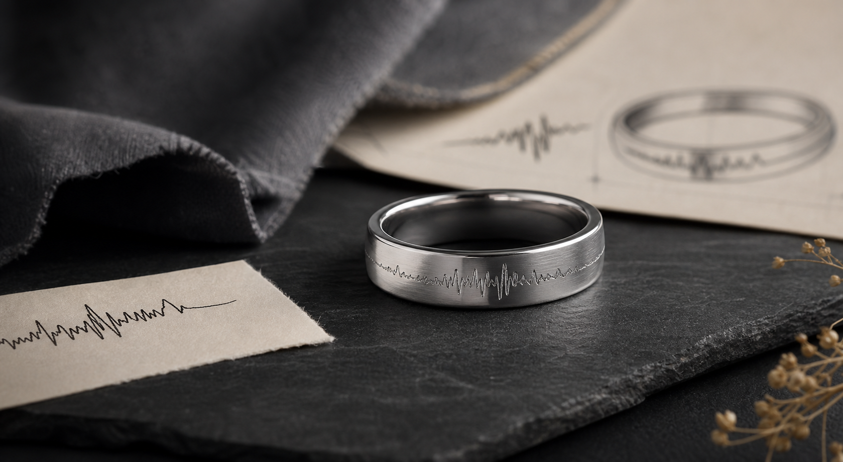 Custom Engraved Rings product photo with a silver custom engraved ring and personal design notes
