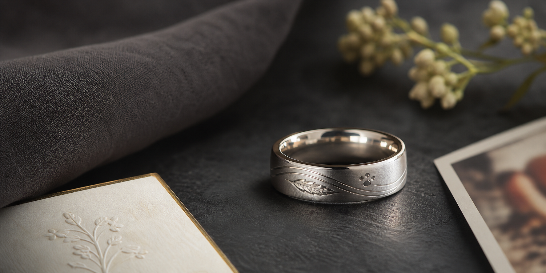 Premium memorial engraved rings image with a silver ring and remembrance keepsakes
