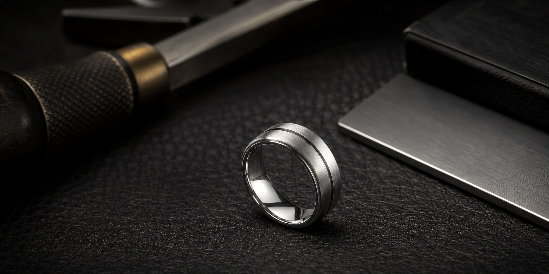 Premium mens engraved rings image with a masculine silver band on a dark workbench